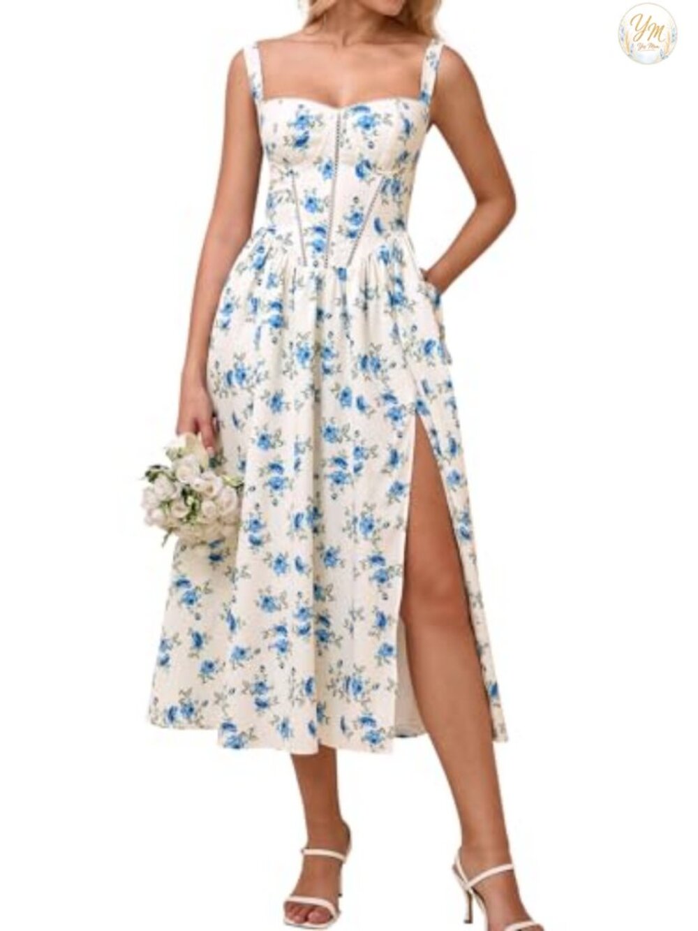 Floral Corset Midi Wedding Guest Dress with Pockets